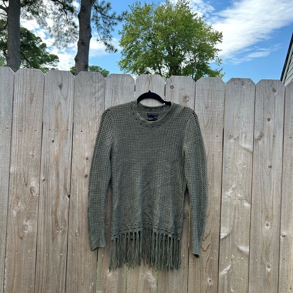 Green Knit Fringe Sweater size medium fall winter tassel cozy rayon wool spanner - Picture 1 of 12